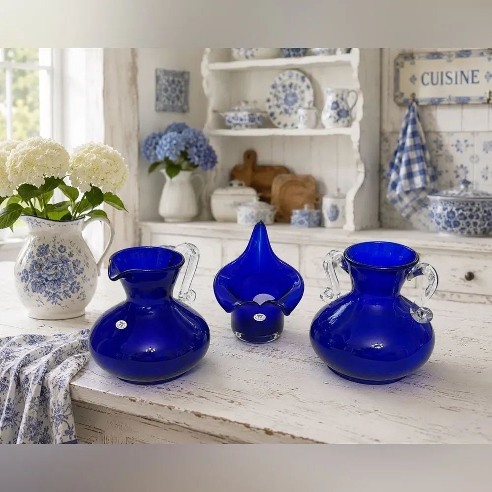 3-pc Set Cobalt Blue Art Glass Bar-ware Pitcher, Vase and Votive Set